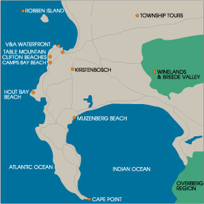 Map of Cape Town attractions near the Cape Winelands